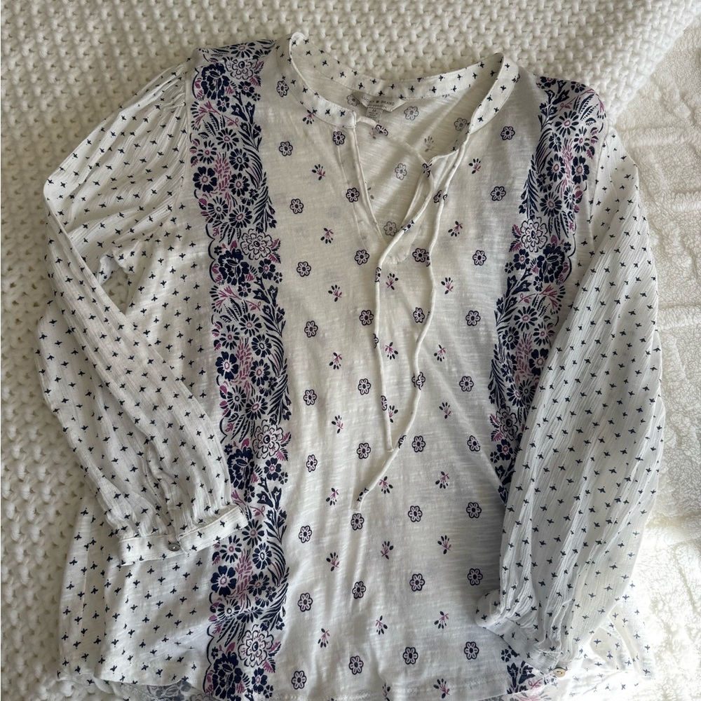 Lucky Brand Floral Print White and Blue Women's Top